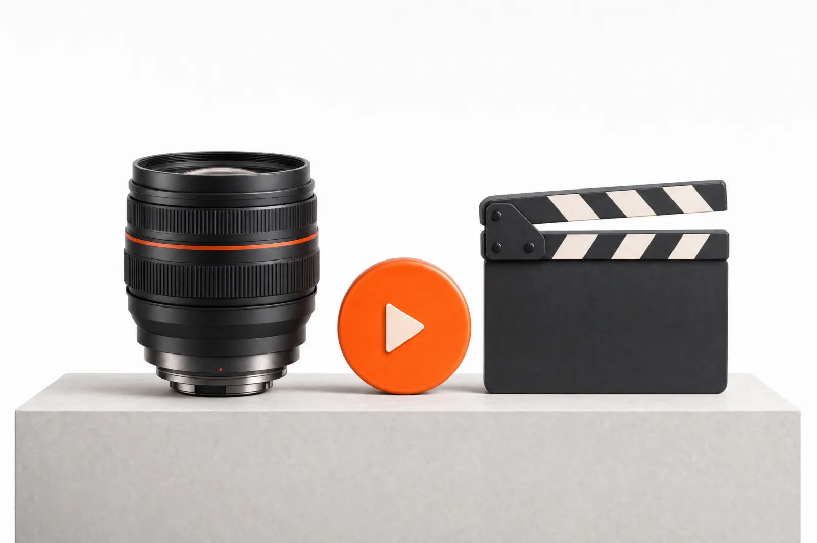 Content-&-Motion-Set von NUVO Studio auf einem Betonsockel: Kamera-Objektiv, Play-Button und Filmklappe
