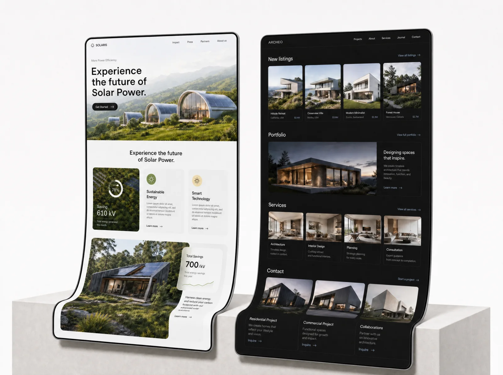 Zwei Website-Designs von NUVO Studio auf geschwungenen Displays präsentiert